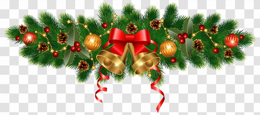 Christmas Tree Ornament Garland Clip Art - Evergreen - Golden Bells And Ornaments Decoration Clipart Image Transparent PNG