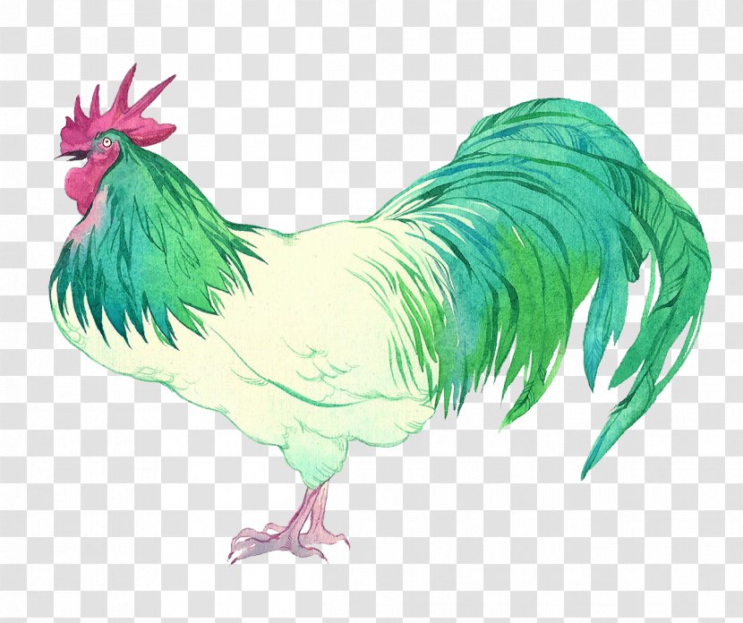 Rooster Chicken Gamecock Illustration - Watercolor Painting - Creative Green Cock Transparent PNG