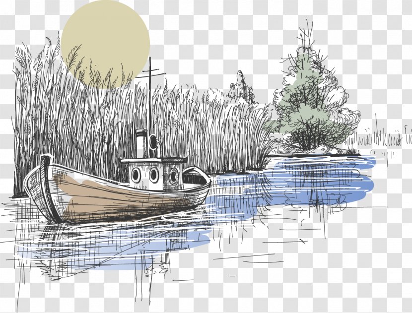 Royalty-free Illustration - Landscape Painting - Pencil Sketches And Scenic Boat Transparent PNG