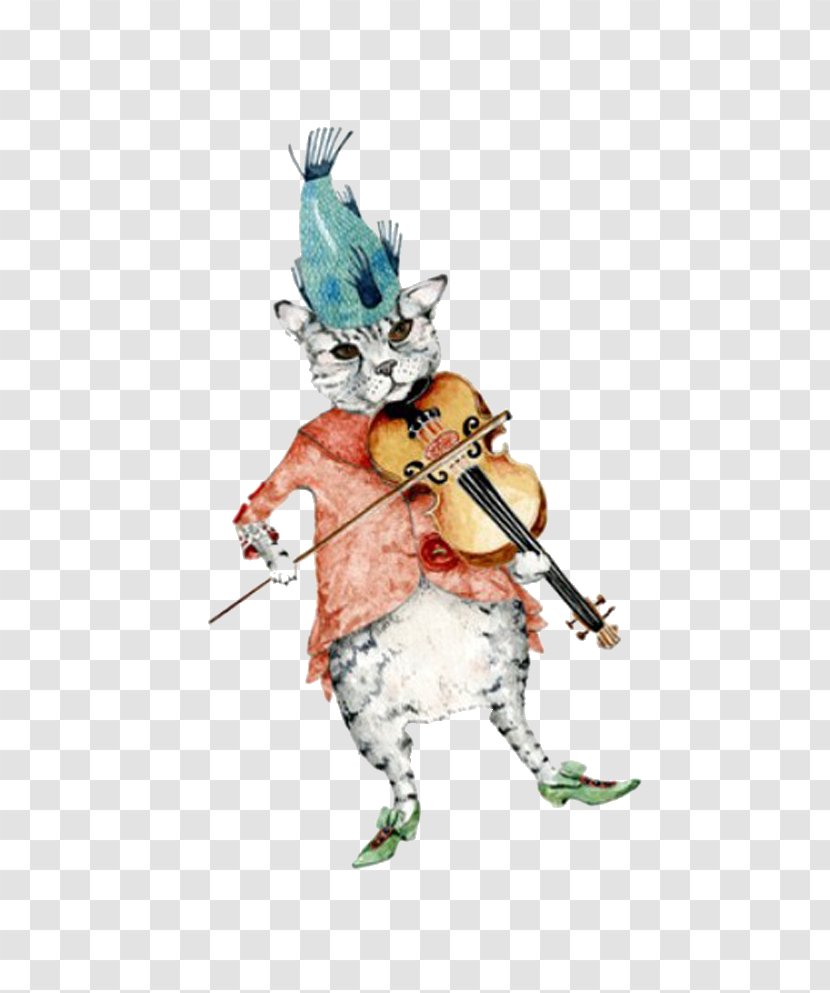Cat Violin Fiddle Watercolor Painting Illustration - Silhouette Transparent PNG