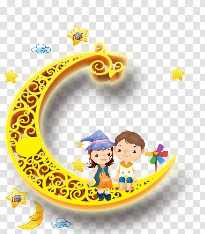 Text Cartoon Yellow Illustration - Silhouette - Beautiful Boys Girls Children's Day Moon Stars Windmill Transparent PNG