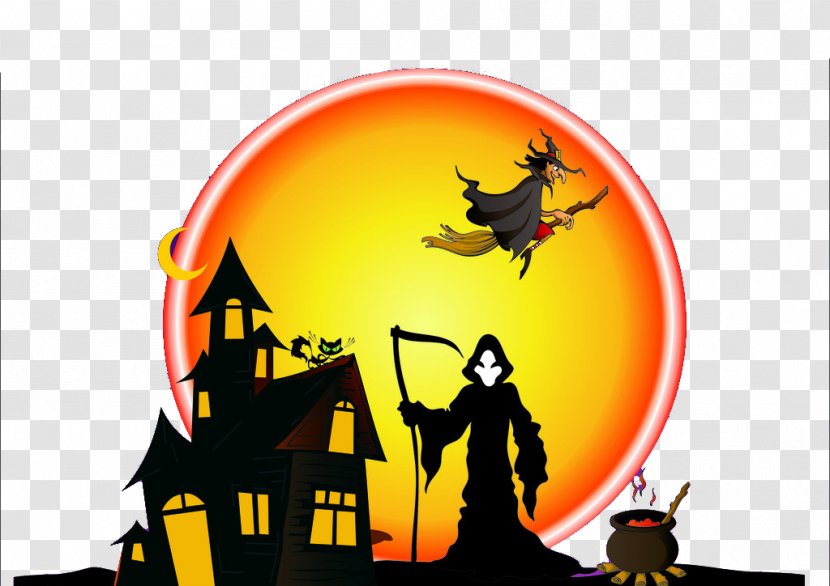 Halloween Wallpaper - Yellow - Witch Riding A Broom Transparent PNG