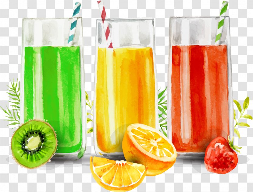 Juice Fizzy Drinks Watercolor Painting Juicing - Cocktail - Three Cups Of Freshly Squeezed Transparent PNG