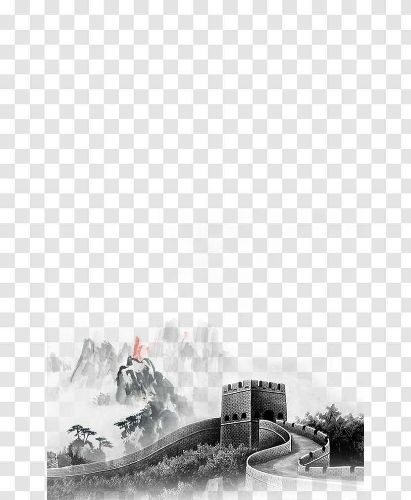 Great Wall Of China Ink Wash Painting Chinese - Black And White - Mountains Rivers Transparent PNG