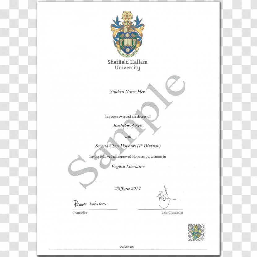 Sheffield Hallam University Of National Central Academic Certificate - Honours Degree - Honor Transparent PNG