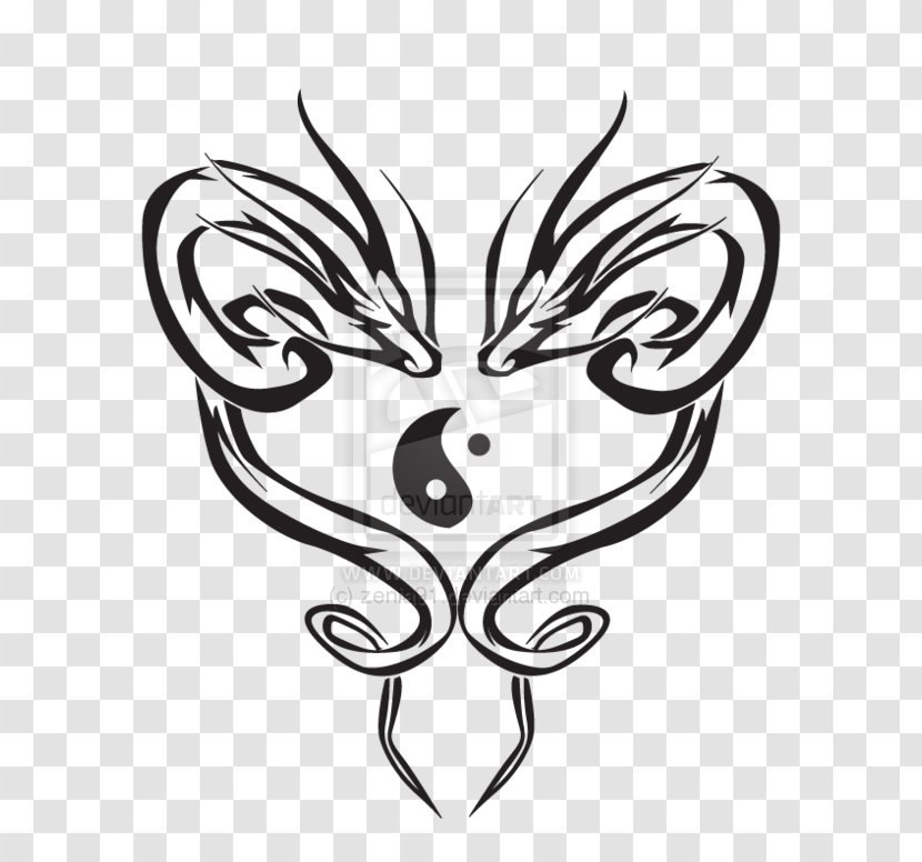 Clip Art Black And White Drawing Digital - Frame - Yin Yang Tattoo Chinese Dragon Transparent PNG