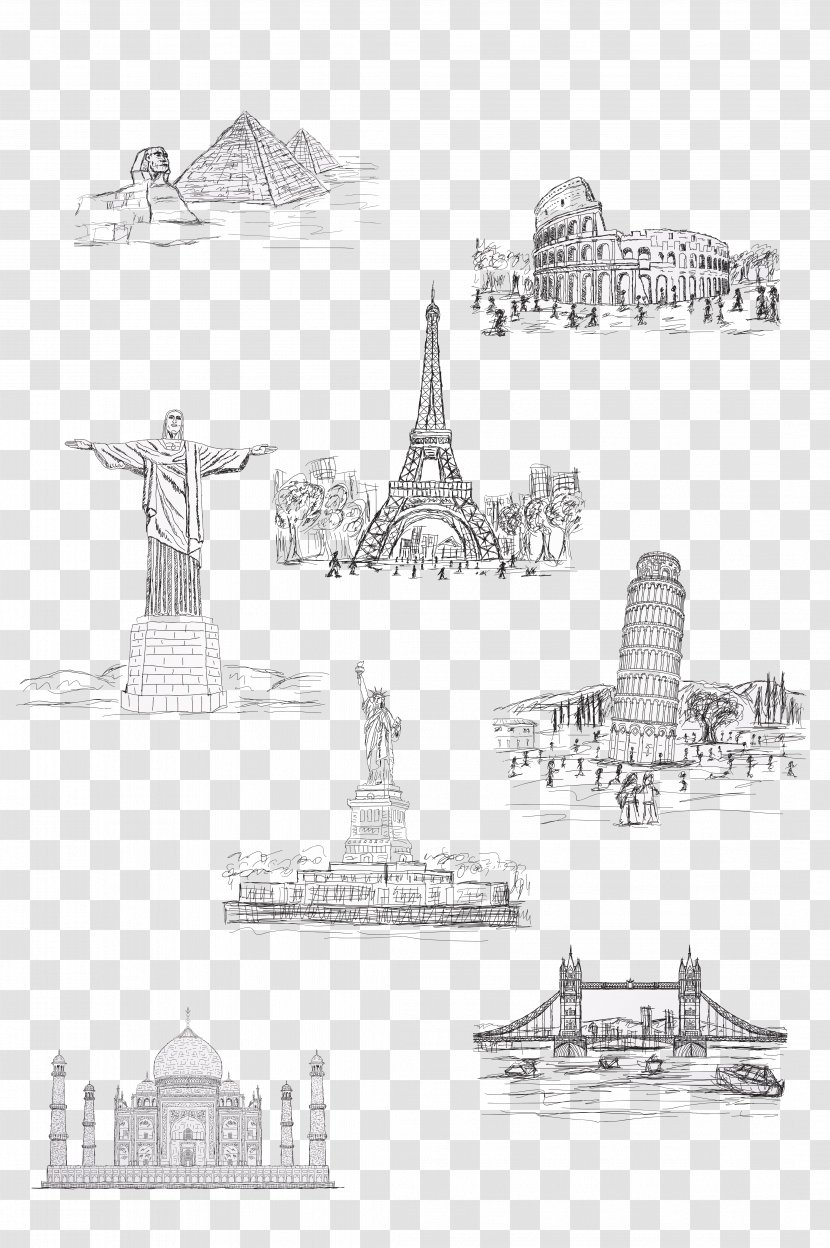 Statue Of Liberty Eiffel Tower Tourist Attraction - Architecture - Hand Painted Famous Building Transparent PNG