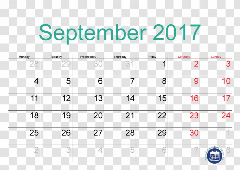 Public Holiday Calendar September Template - Area Transparent PNG