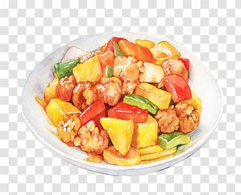 Sweet And Sour Pork Food Watercolor Painting Drawing - Mediterranean - Pineapple Transparent PNG
