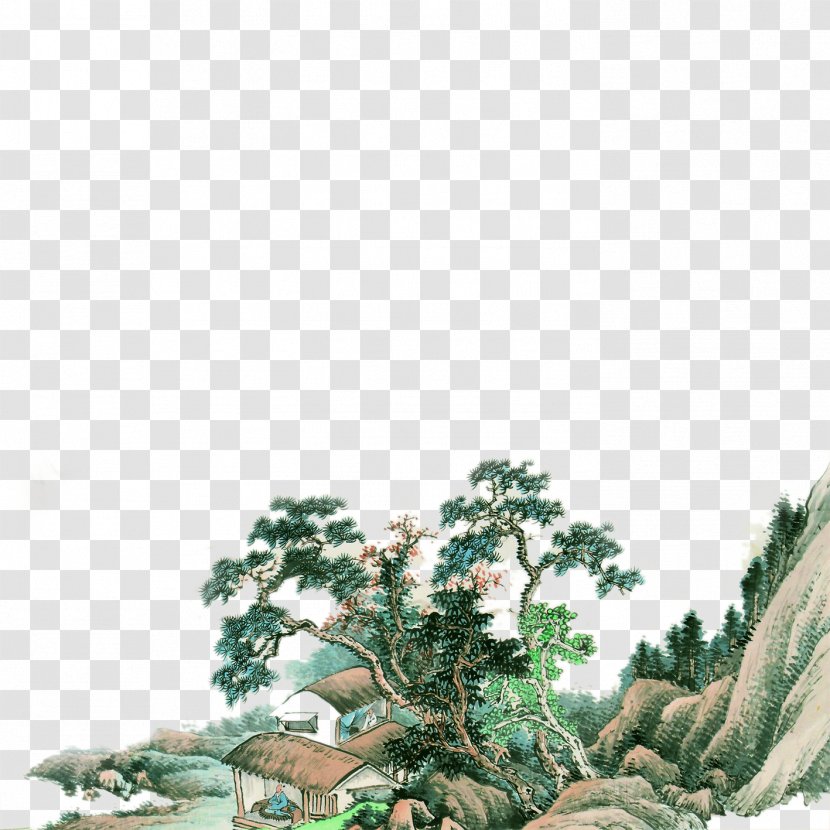 Chinese Painting Wall Mural - Hillside Hut Transparent PNG