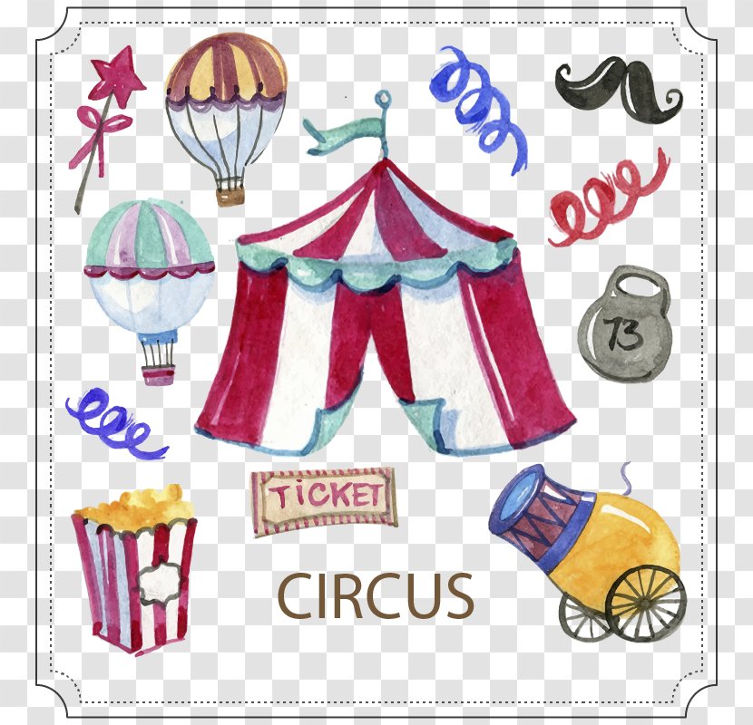 Circus Watercolor Painting Graphic Design - Party Supply - Hand-painted Tent Hot Air Balloon Vector Transparent PNG