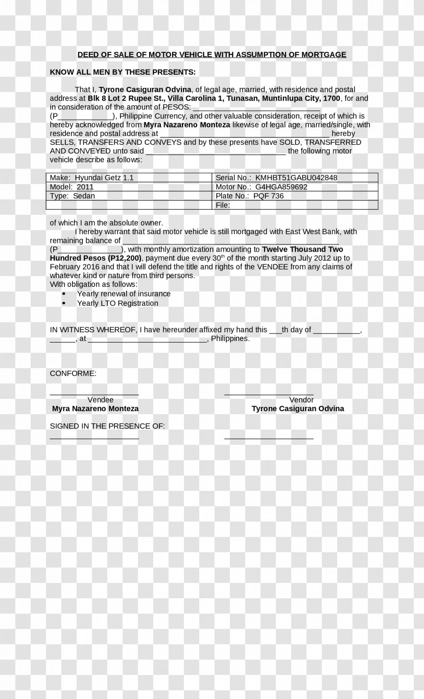 Car Document Motor Vehicle Mortgage Assumption Form - Deed Transparent PNG