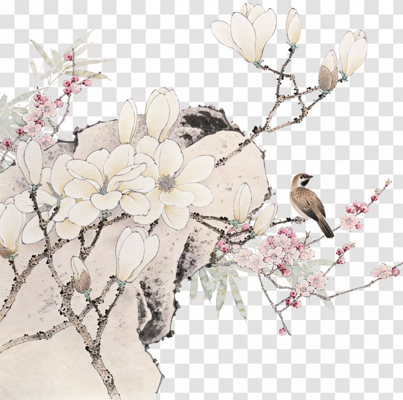 Chinese Painting Ink Wash Bird-and-flower Gongbi - Branch - Magnolia Flowers Transparent PNG