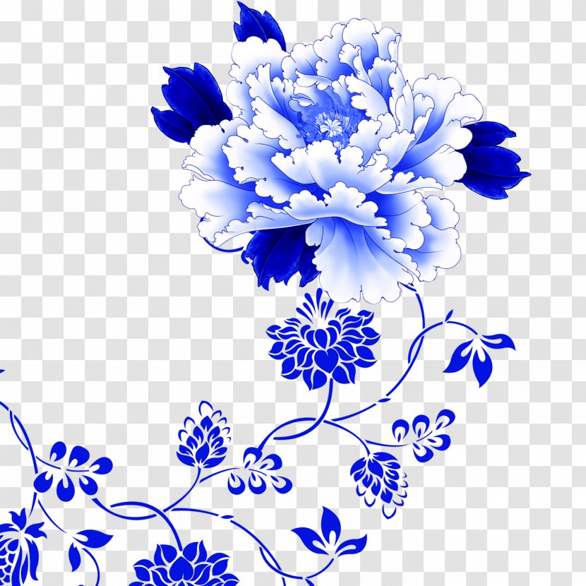 Blue And White Pottery Download - Flora - Peony Transparent PNG