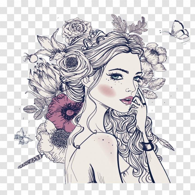 Coloring Book Woman Adult Drawing - Silhouette - Butterfly Flower Headdress Transparent PNG