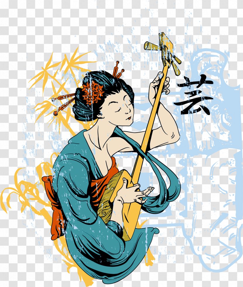 Japan T-shirt Illustration - String Instrument - Vector Ukiyo-e Transparent PNG