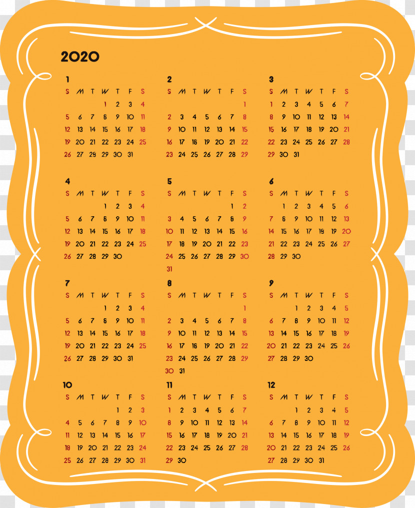 2020 Yearly Calendar Printable 2020 Yearly Calendar Year 2020 Calendar Transparent PNG