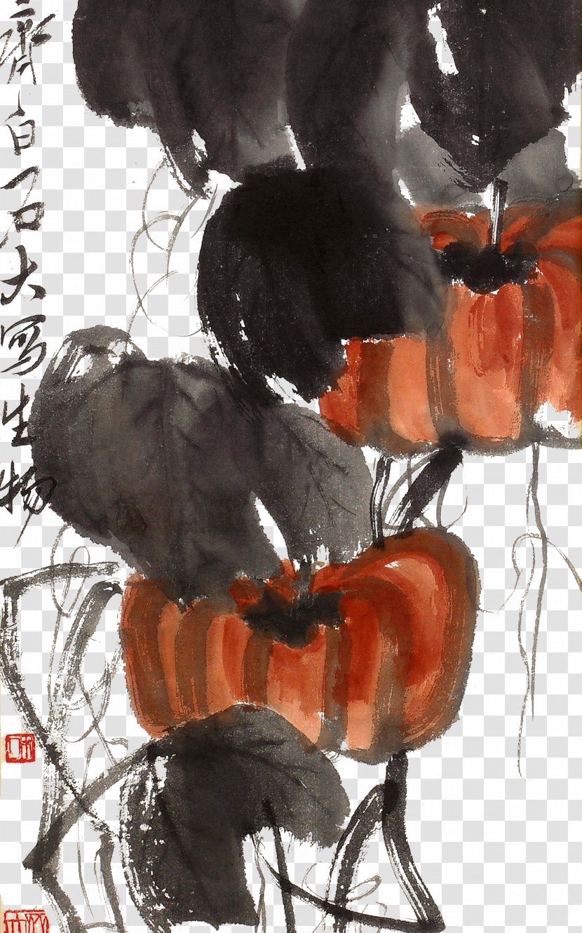 Hunan Pumpkin Ink Wash Painting Melon Vine - Chinese - Qi Baishi Leaves Transparent PNG