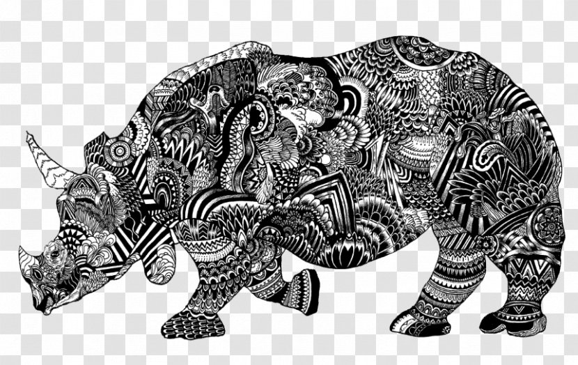 Rhinoceros Black And White Visual Arts Illustration - Organism - Chinese Style Rhino Ornament Transparent PNG