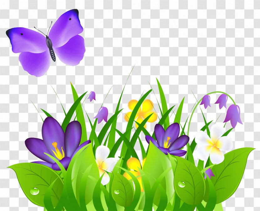 Butterfly Flower Clip Art - Floral Design - Purple Flowers Grass And Clipart Picture Transparent PNG