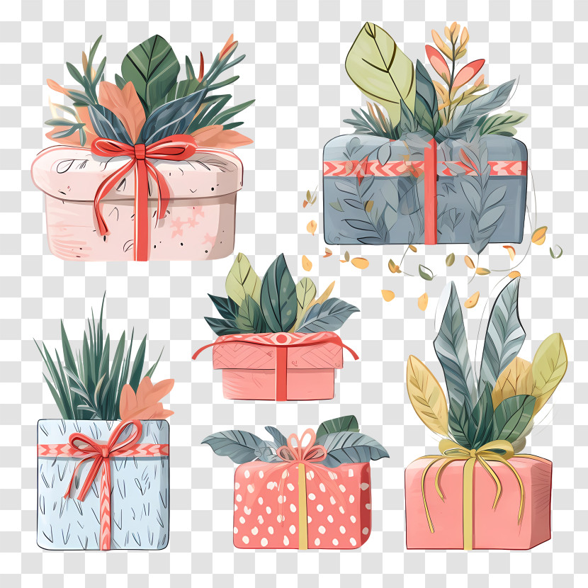 Christmas Present - Gift Boxes Decorated With Plants Illustration Transparent PNG
