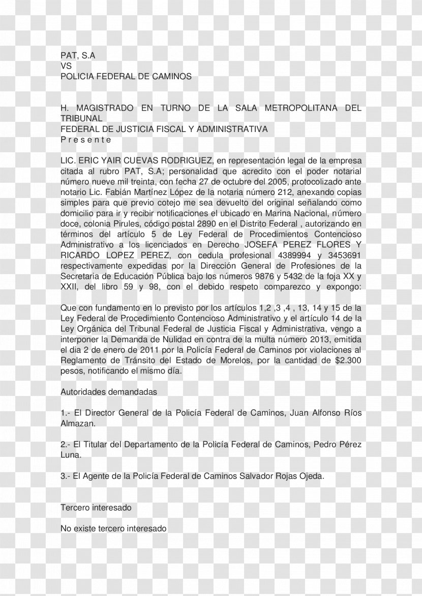 Document Pat SA De CV Lawsuit Federal Police Court - Code Transparent PNG
