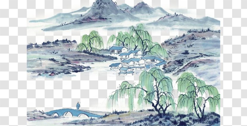 U56fdu753bu5c71u6c34 Chinese Painting Shan Shui Ink Wash - Landscape - And Shade Willow Castle Transparent PNG