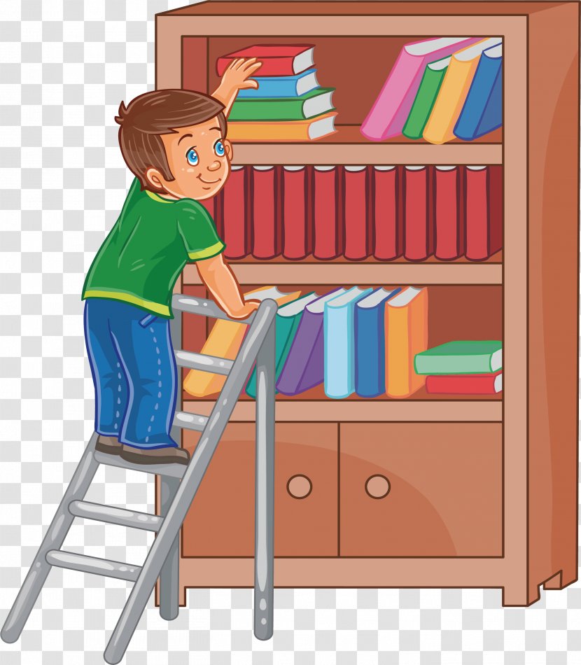 Book Illustration - Library - A Boy Climbing Shelf On Ladder Transparent PNG