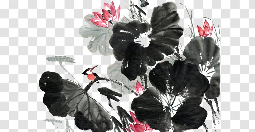 Ink Wash Painting - Flowering Plant - Lotus Material Transparent PNG