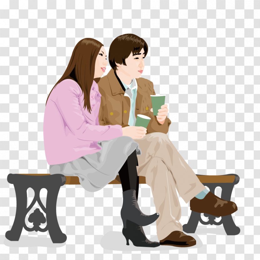 Cartoon Illustration - Flower - Take A Cup Sitting On Bench Couple Transparent PNG