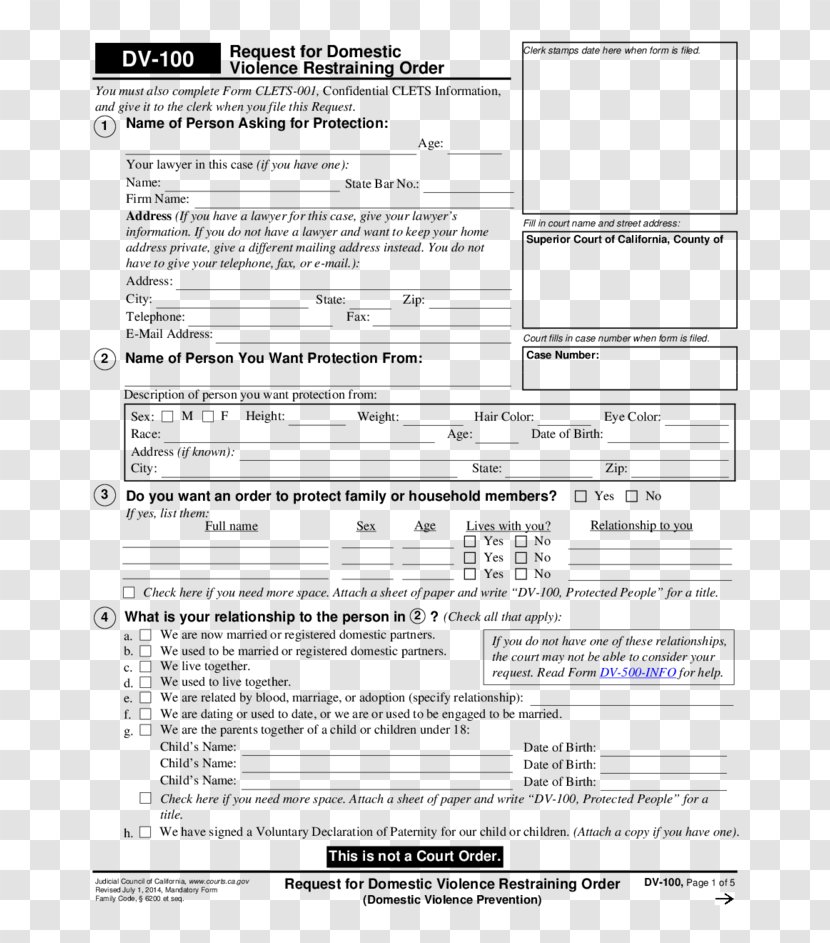 California Civil Harassment Restraining Order Court - FOrm Transparent PNG