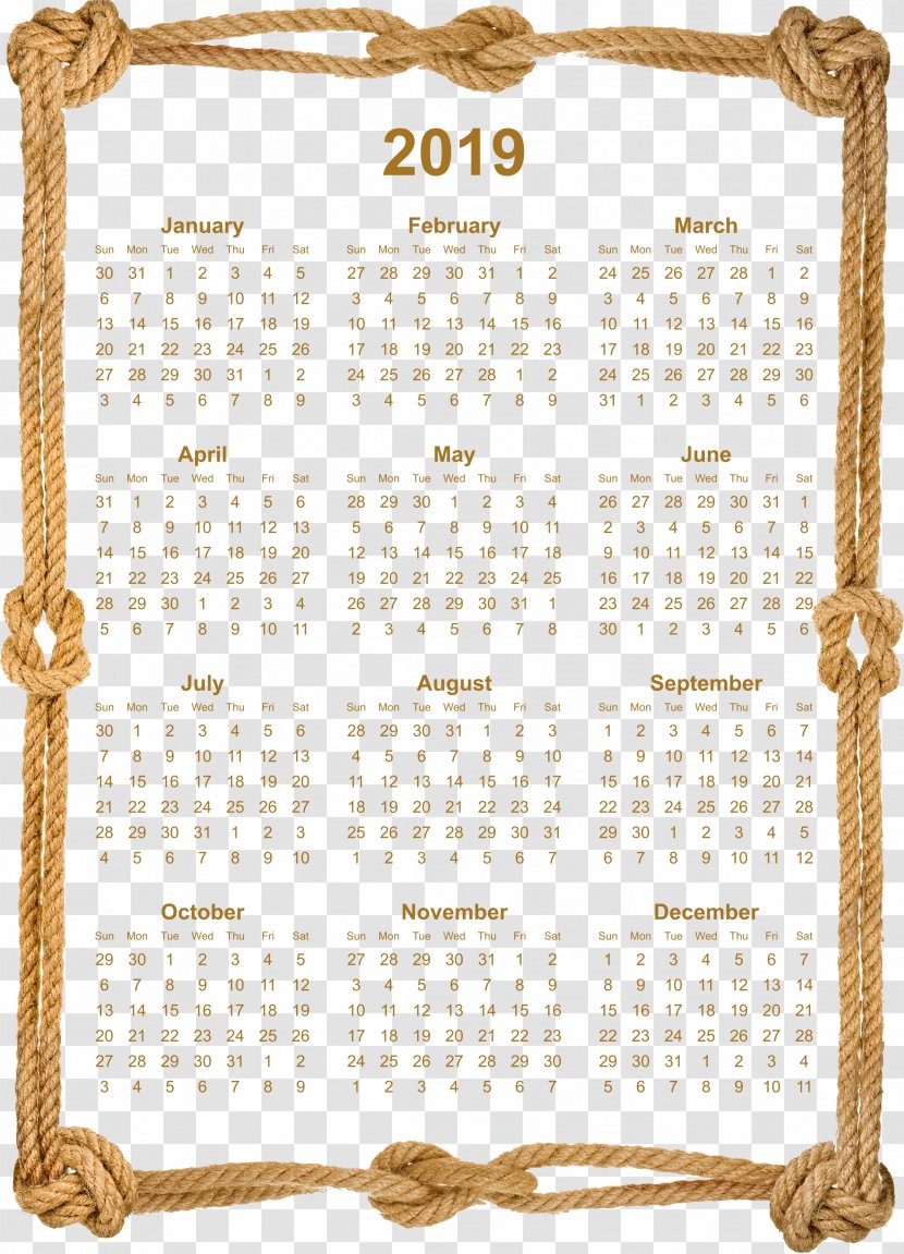 2019 Calendar With Holidays. - Rope - Picture Frames Transparent PNG