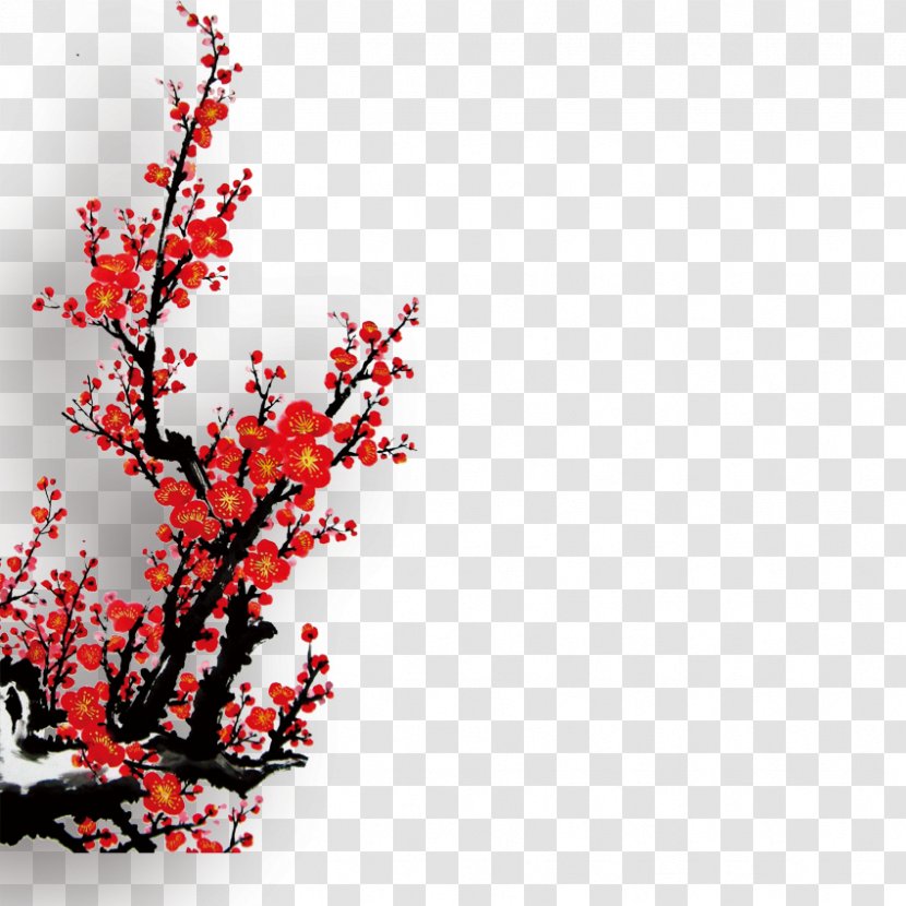 Ink Wash Painting Plum Blossom - Plant - Of Red Transparent PNG