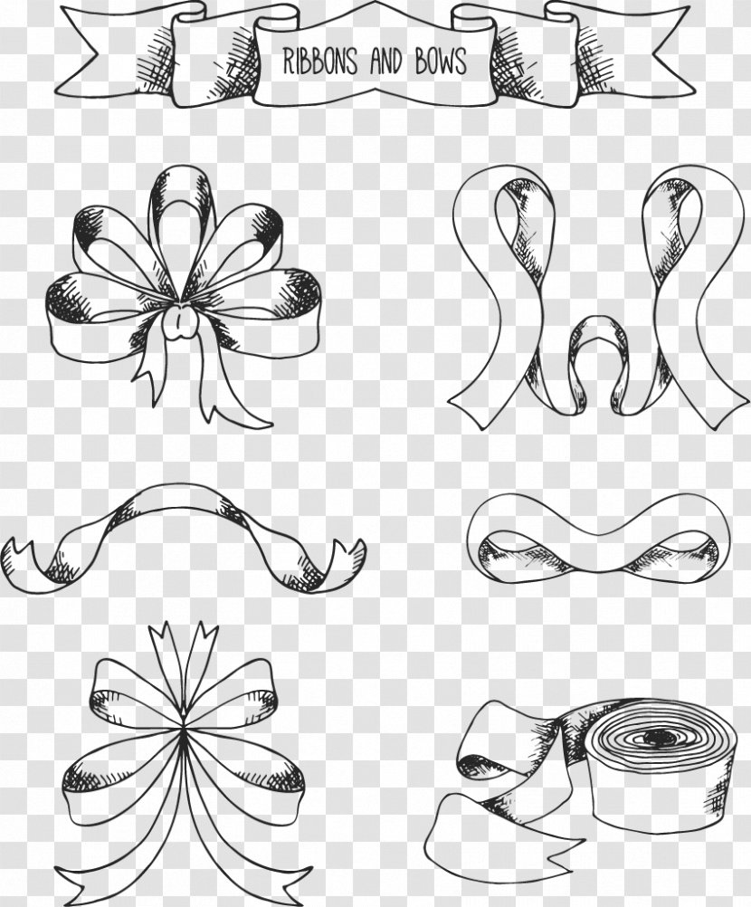 Ribbon Drawing Clip Art - Monochrome - Ribbons And Bows Transparent PNG
