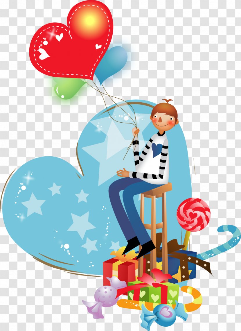 Cartoon Illustration - Balloon - Boy Holding A Red Love Transparent PNG