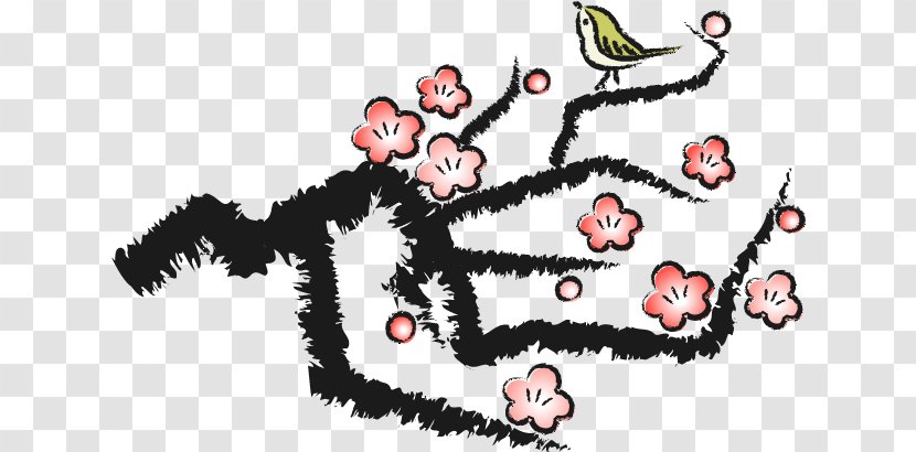 Illustration Ink Brush Plum Blossom Wash Painting Japanese Bush Warbler - Silhouette - Cartoon Transparent PNG