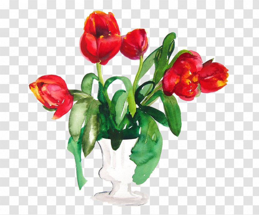 Table Flowers Tulip Watercolor Painting - Art - Hand-painted Picture Material Transparent PNG