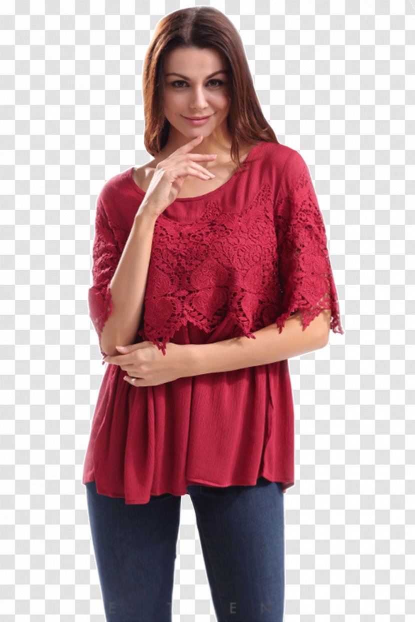 T-shirt Sleeve Blouse Clothing Top - Collar - Red Lace Transparent PNG
