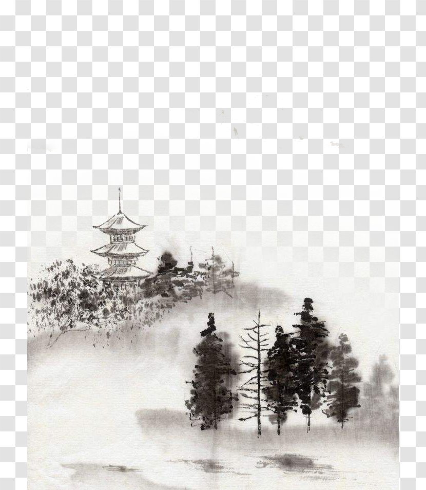 Ink Wash Painting Chinese Drawing Landscape - Monochrome - Lake Design Material Transparent PNG