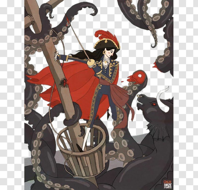 Nimona Printmaking Canvas DeviantArt Illustration - Printing - Female Pirate With An Octopus Strange Fight Transparent PNG