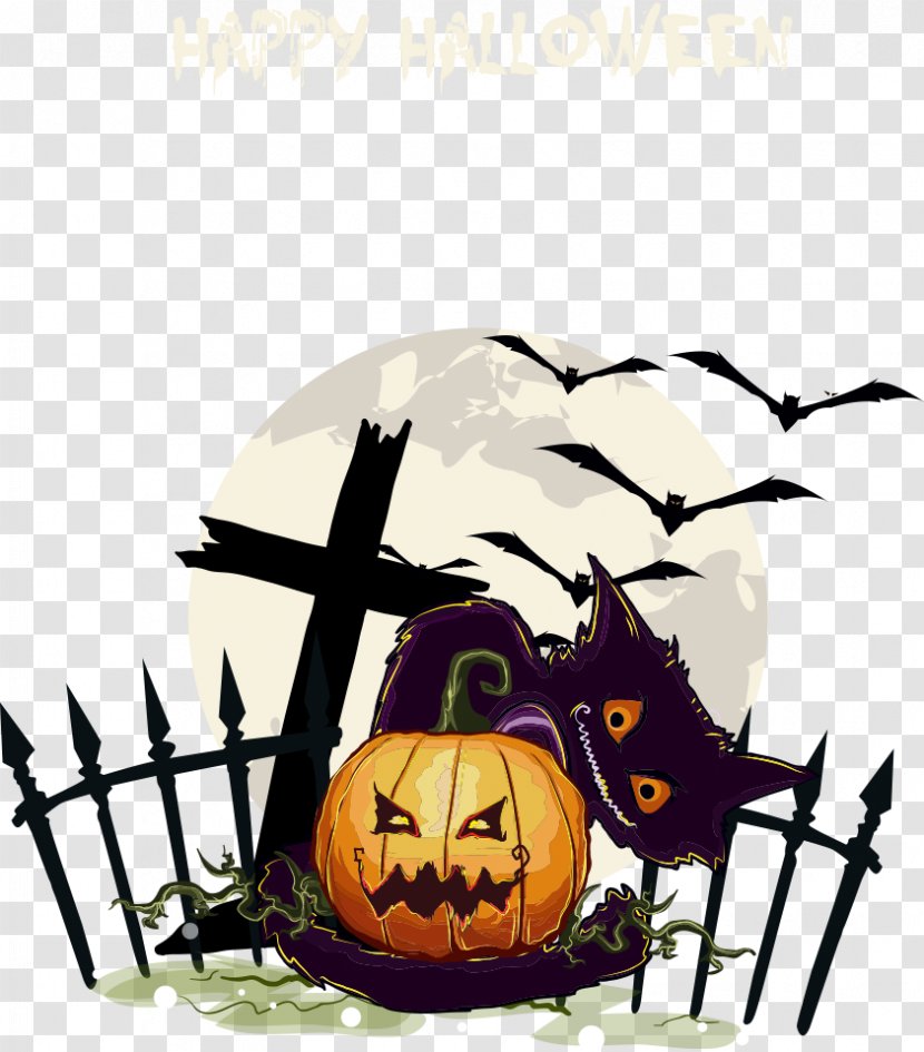 Halloween Jack-o'-lantern Poster - Sticker - Vector Cartoon Cat With Pumpkins Transparent PNG