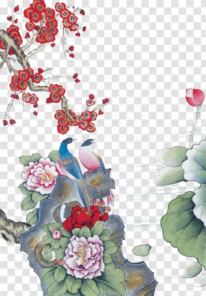 Bird-and-flower Painting Ink Wash Chinese Gongbi - Floral Design - Lotus Poster Transparent PNG