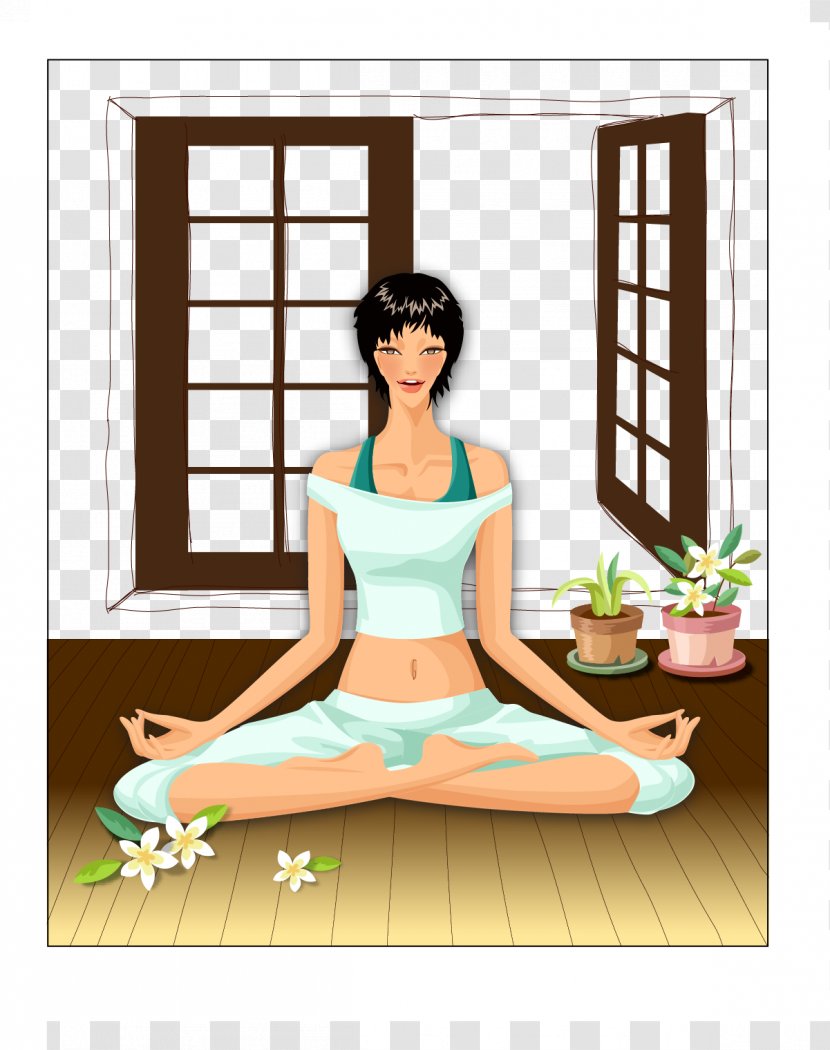 Cartoon Yoga Illustration - Frame - Windowsill Doing Exercise Fashion Women Vector Transparent PNG