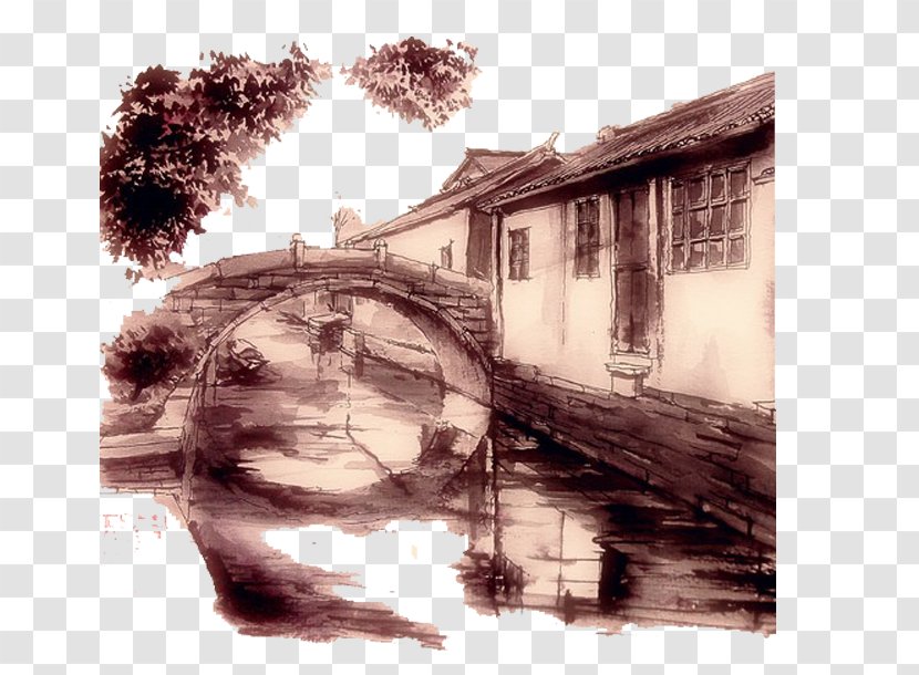 Ink Wash Painting Drawing Bridge Illustration - Artwork - Edge Of The Village Transparent PNG