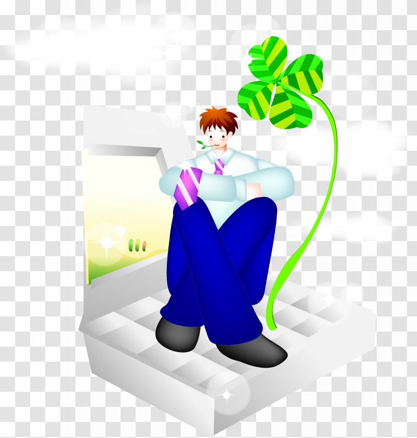 Cartoon Illustration - Fourleaf Clover - Man Sitting Vector Transparent PNG
