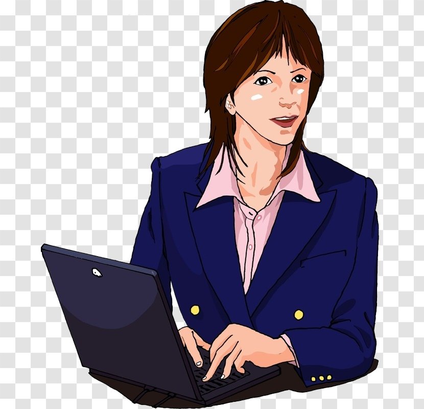 Laptop Computer Clip Art - Watercolor - Cartoon Is At The Desk Lady Transparent PNG