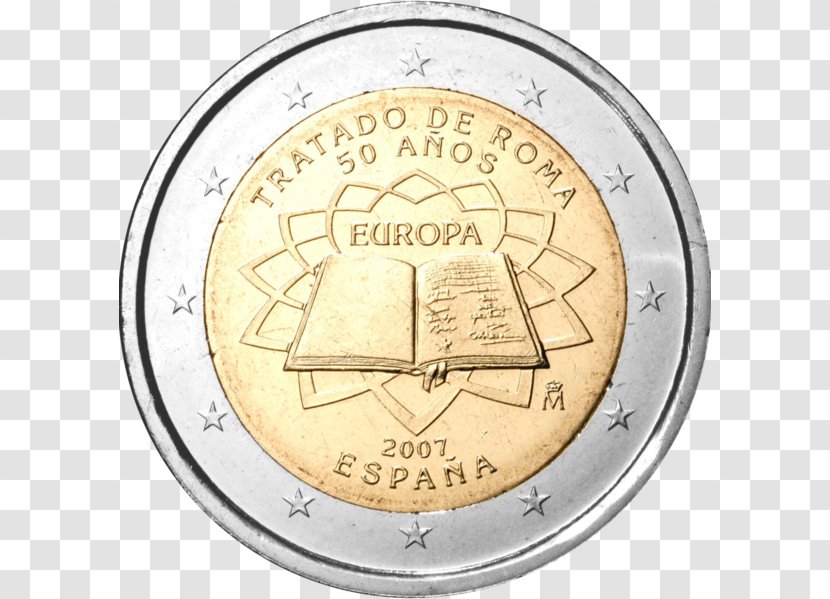 Treaty Of Rome 2 Euro Coin Commemorative Coins Spanish - Banknotes Transparent PNG