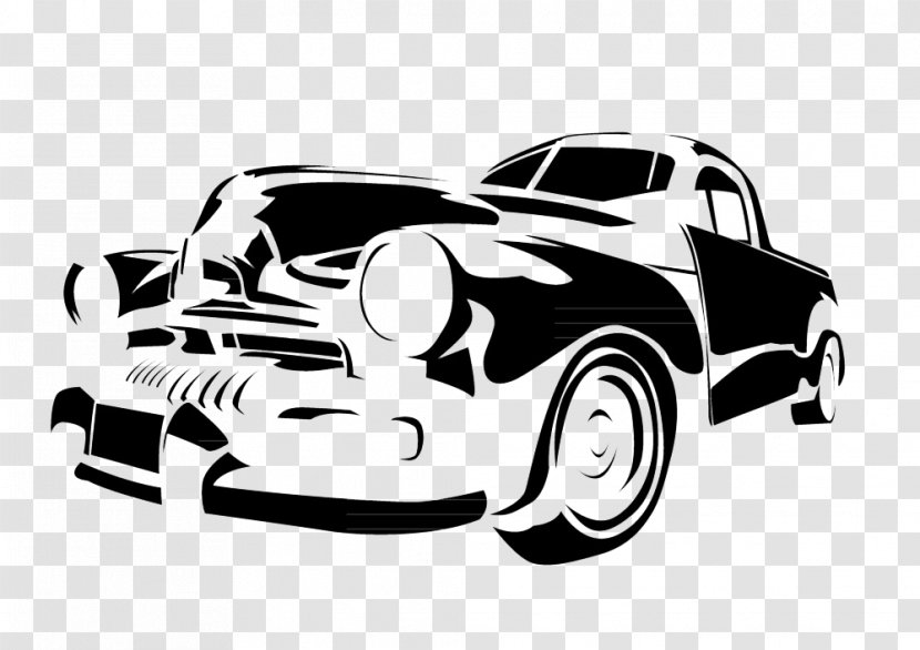 Vintage Car Stencil Illustration - Auto Show - Black And White Hand-drawn Cartoon Of Old Cars Transparent PNG