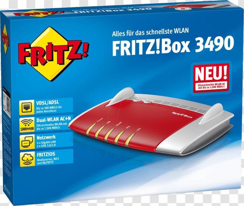 AVM Fritz!Box 3490 GmbH Router Digital Subscriber Line - Telephone - Internet Protocol Transparent PNG