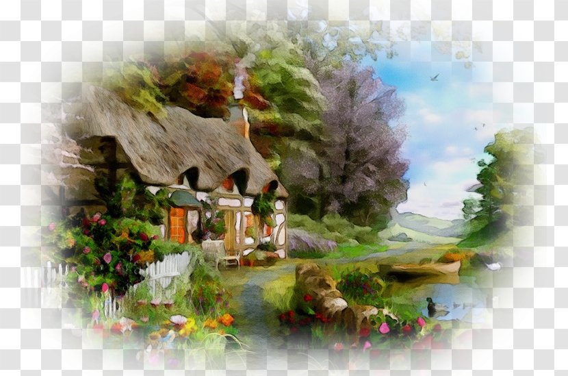 Natural Landscape Watercolor Paint Painting Tree - House Transparent PNG